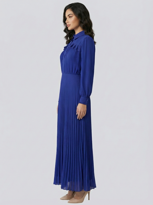 Kadın Yakası Fırfır Detaylı Uzun Şifon Elbise