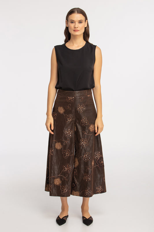 Desenli Bol Paça Deri Pantolon