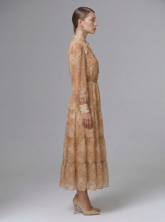 Kadın Şifon Kat Kat Dökümlü Desenli Elbise