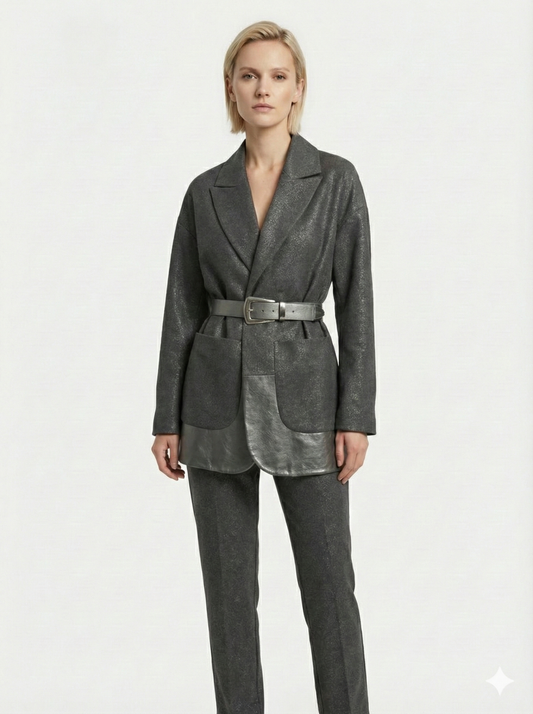 Gri Deri Detaylı Kemerli Ceket