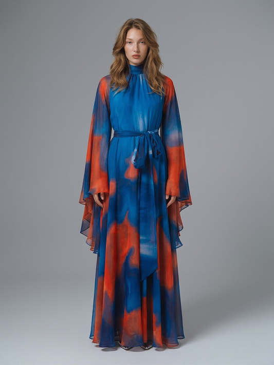 Kadın Desenli Kuşak Detaylı Uzun Elbise