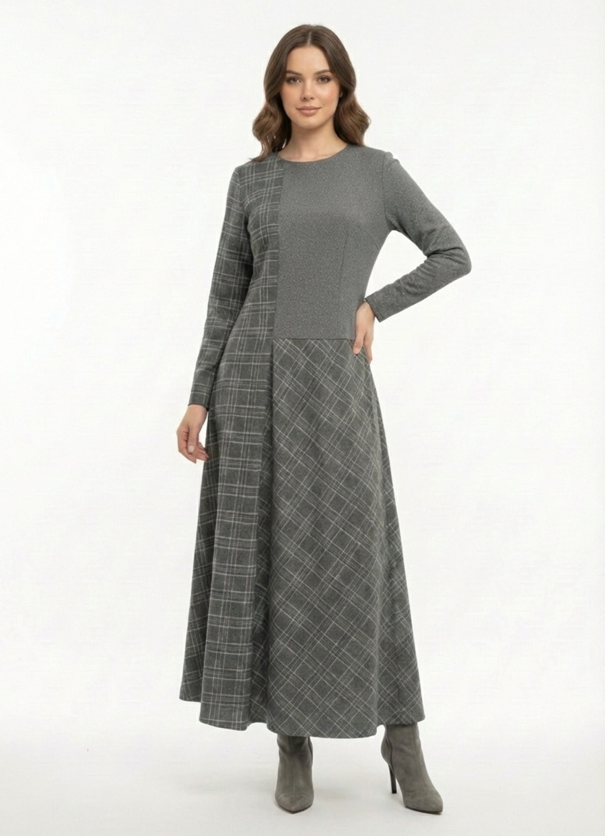 Gri Sim Detaylı Desenli Elbise