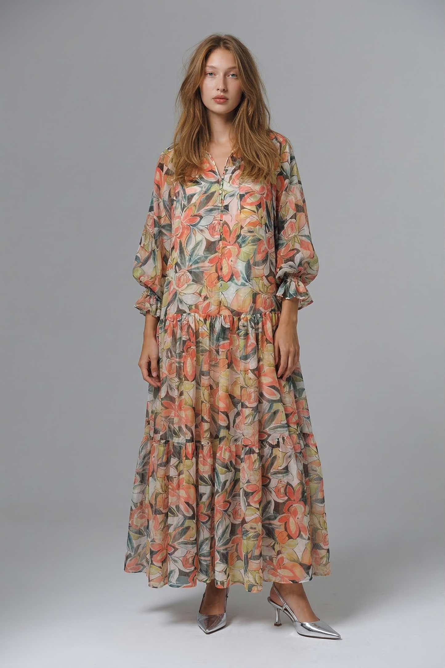 Kadın Desenli Bağcık Detaylı Uzun Elbise