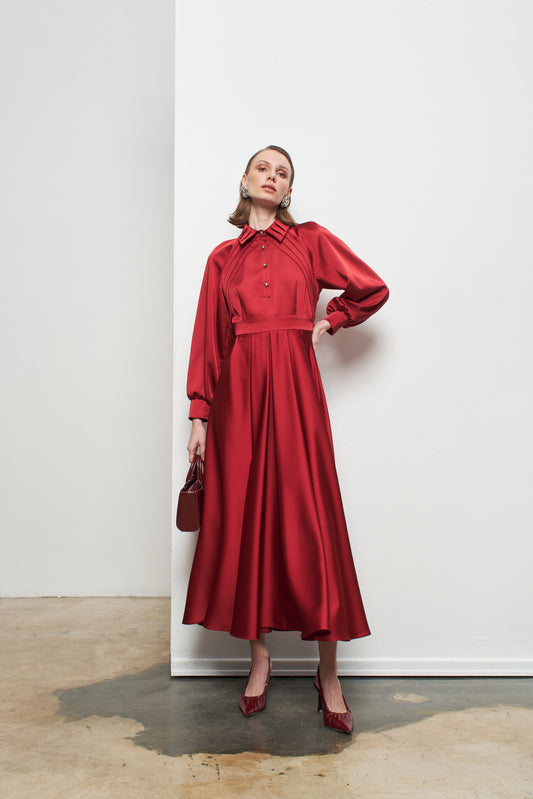 Kadın Pili Detaylı Gömlek Yaka Uzun Elbise