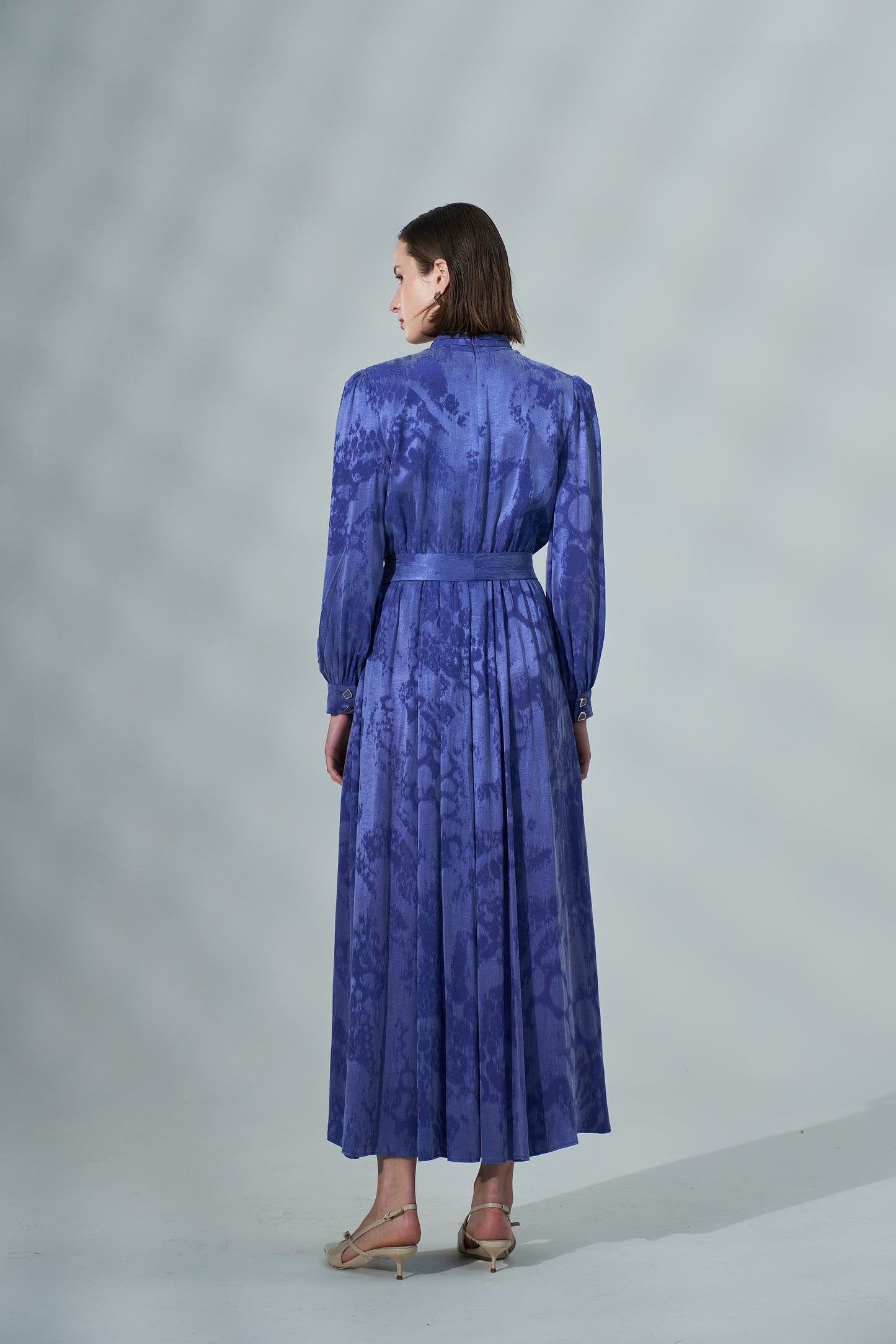 Kadın Desenli Belden Bağlamalı Uzun Elbise