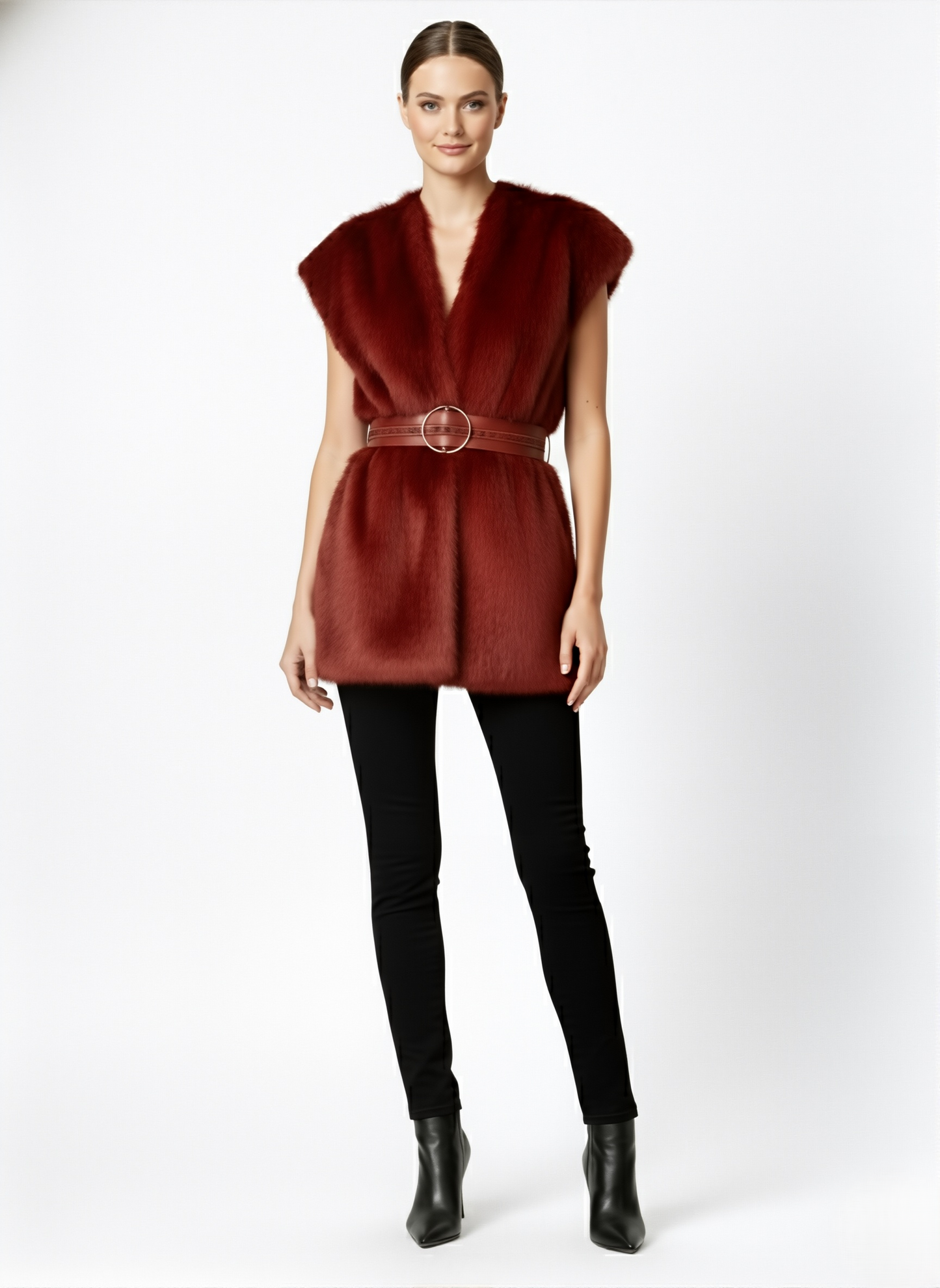 Kadın Kemerli Gold Toka Detaylı Kürk Yelek