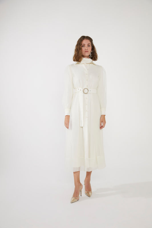 Organzeli Kemerli Midi Boy Kadın Elbise