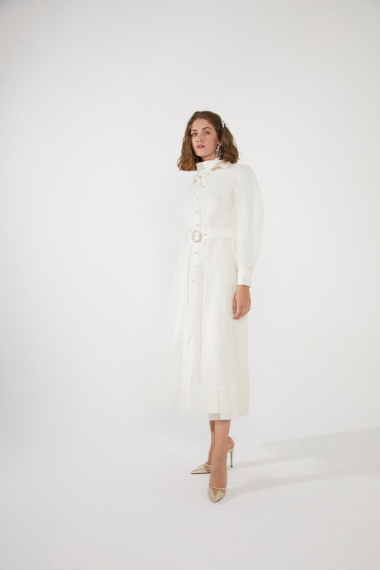 Organzeli Kemerli Midi Boy Kadın Elbise