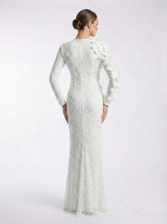 Kadın Çiçek Detaylı Uzun Dantel Elbise