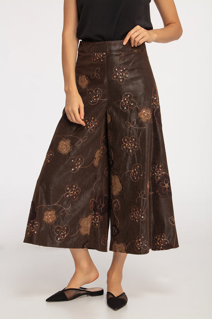 Desenli Bol Paça Deri Pantolon