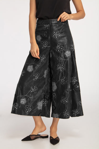 Desenli Bol Paça Deri Pantolon