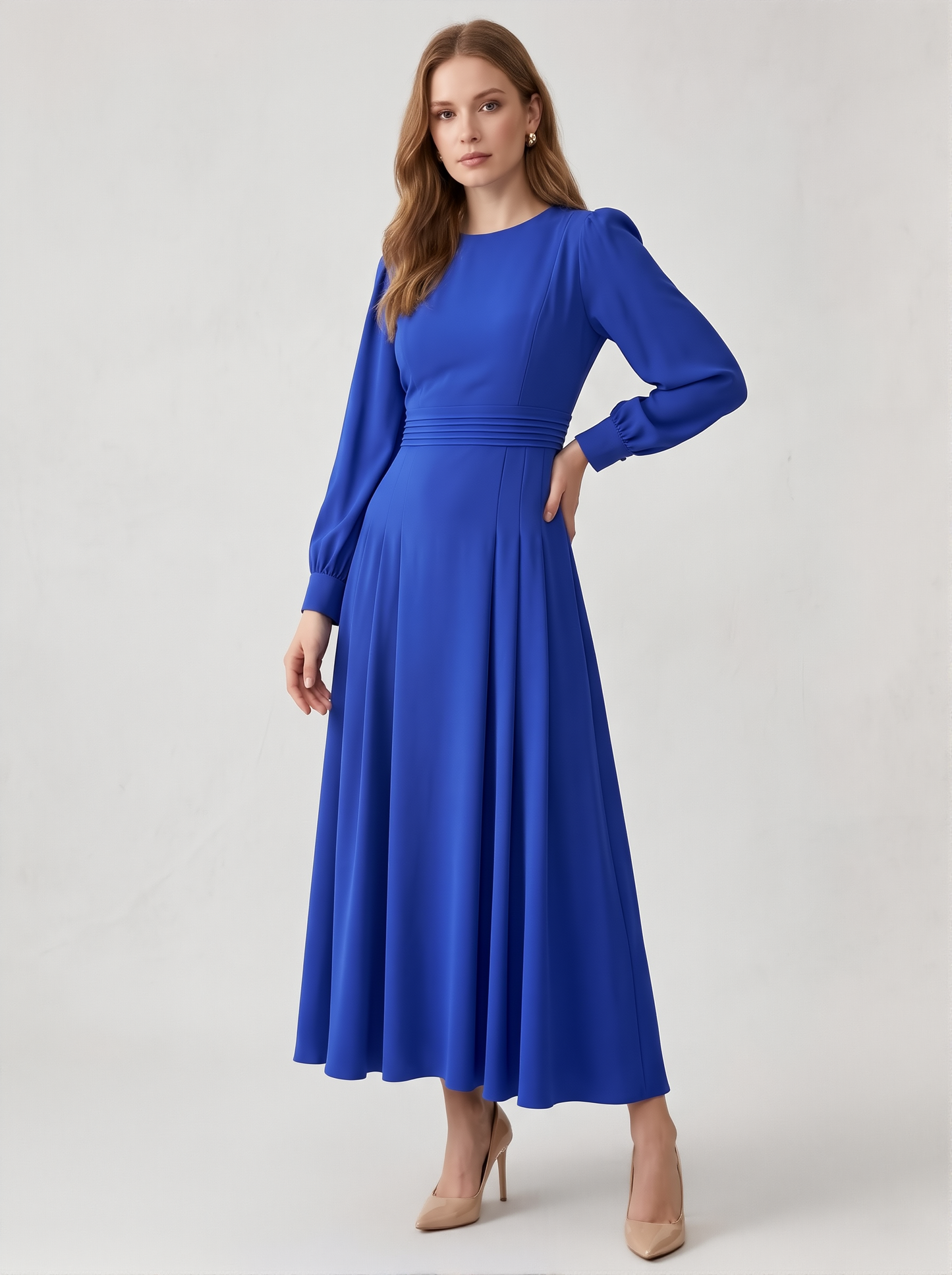 Kadın Beli Nervürlü Uzun Elbise