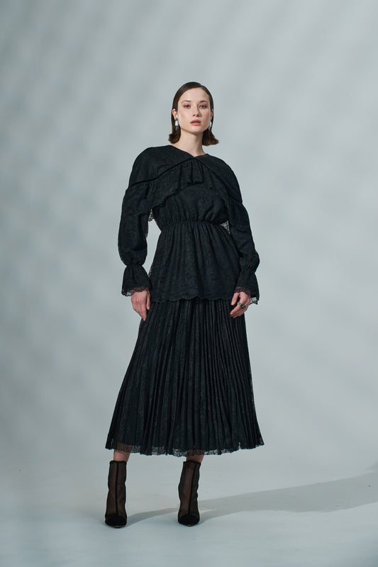 Kadın Piliseli Dantel Midi Etek