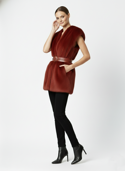 Kadın Kemerli Gold Toka Detaylı Kürk Yelek