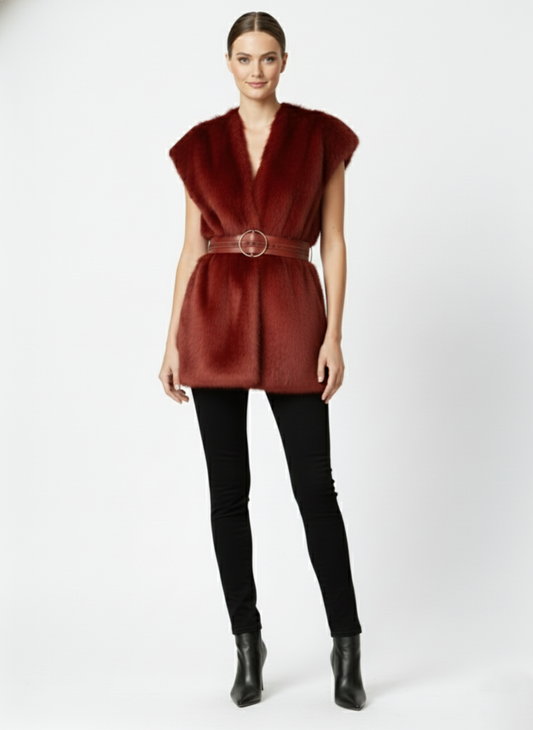 Kadın Kemerli Gold Toka Detaylı Kürk Yelek