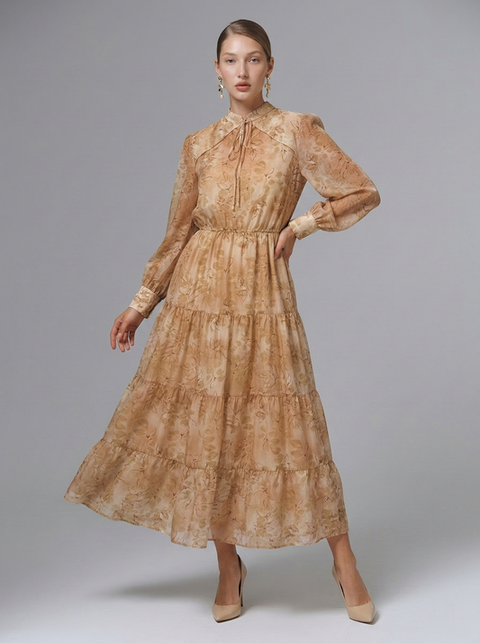 Kadın Şifon Kat Kat Dökümlü Desenli Elbise