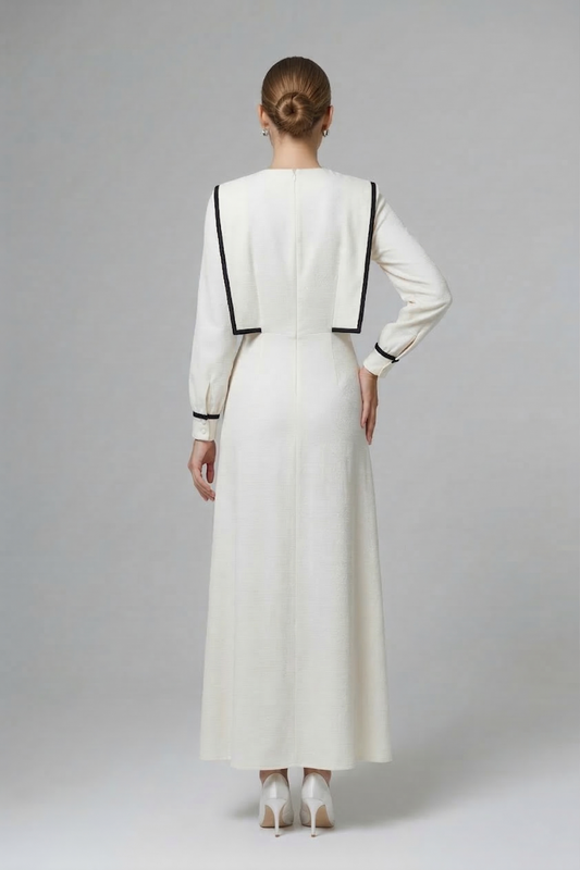 Kadın Büzgü Detaylı Şeritli Uzun Elbise