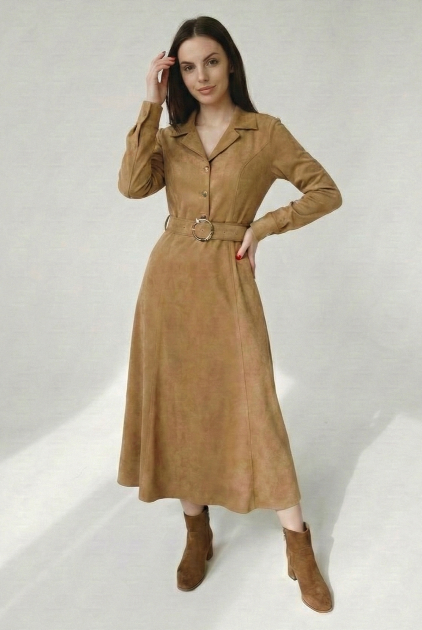 Kemerli Süet Midi Elbise