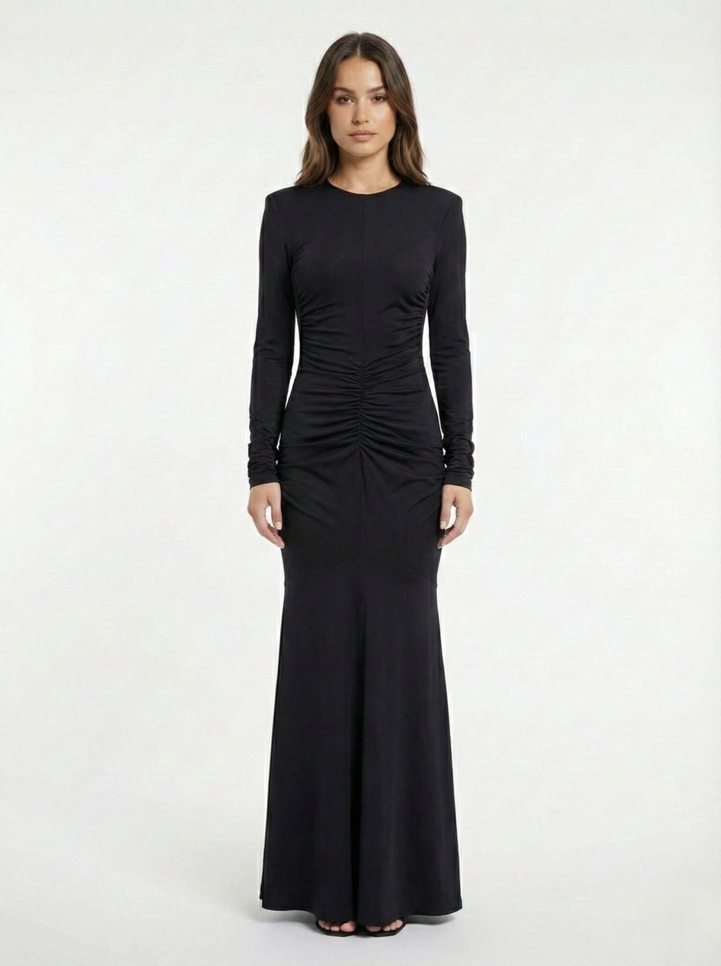 Drapeli Siyah Uzun Elbise