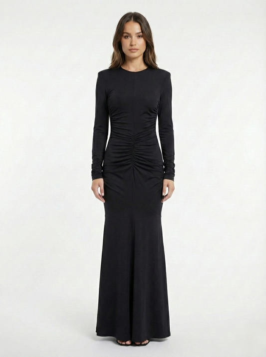 Drapeli Siyah Uzun Elbise