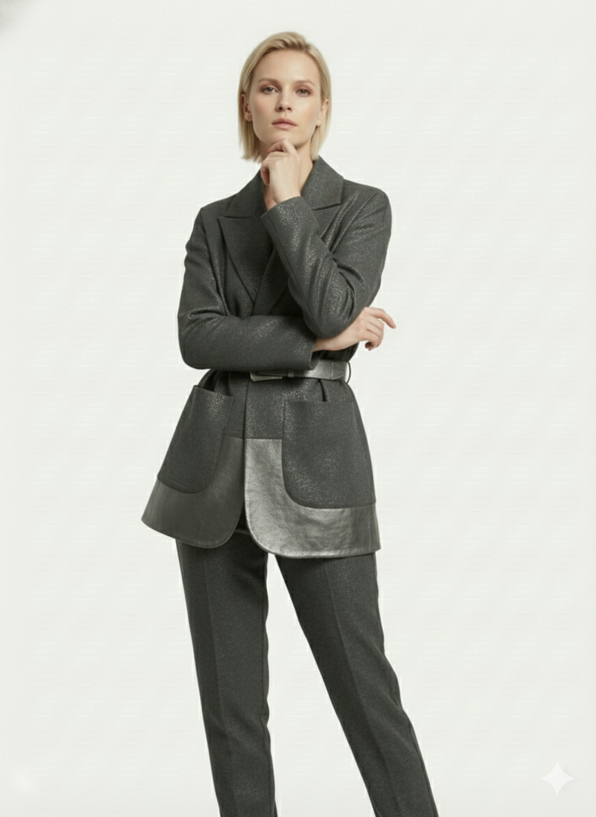 Gri Deri Detaylı Kemerli Ceket