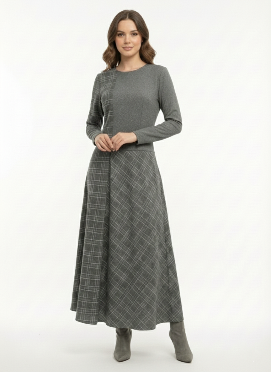 Gri Sim Detaylı Desenli Elbise