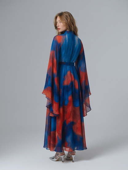 Kadın Desenli Kuşak Detaylı Uzun Elbise