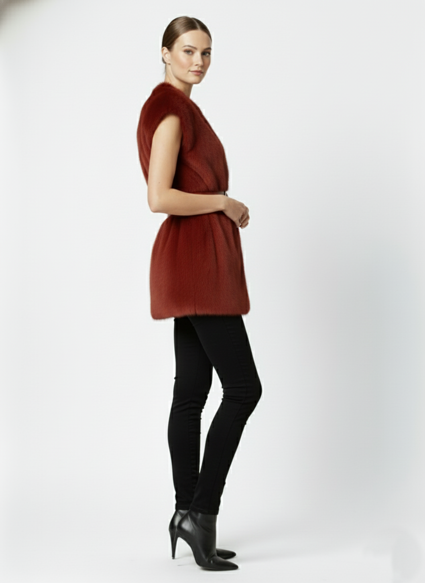 Kadın Kemerli Gold Toka Detaylı Kürk Yelek