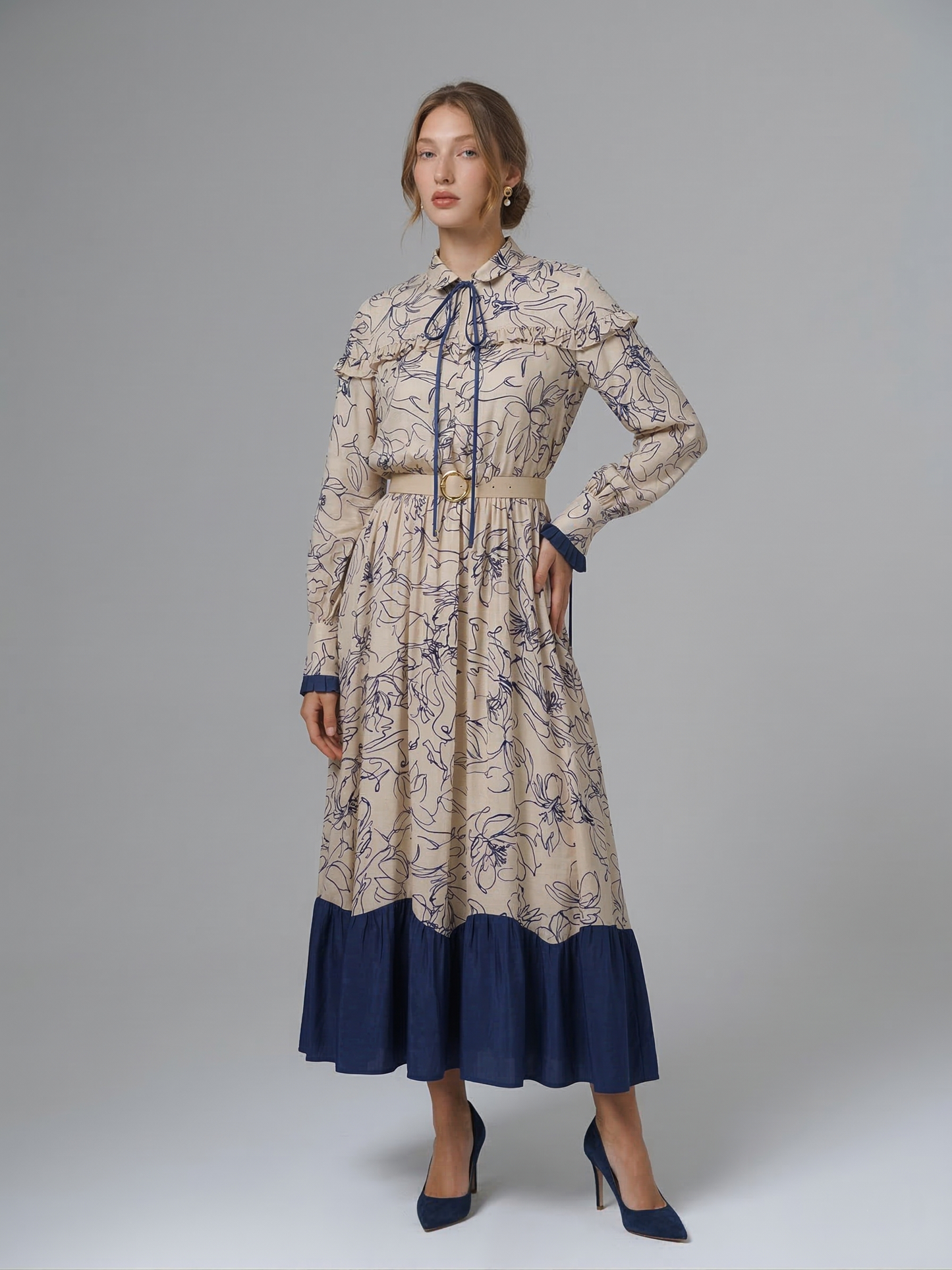 Kadın Kemer Detaylı Desenli Uzun Elbise