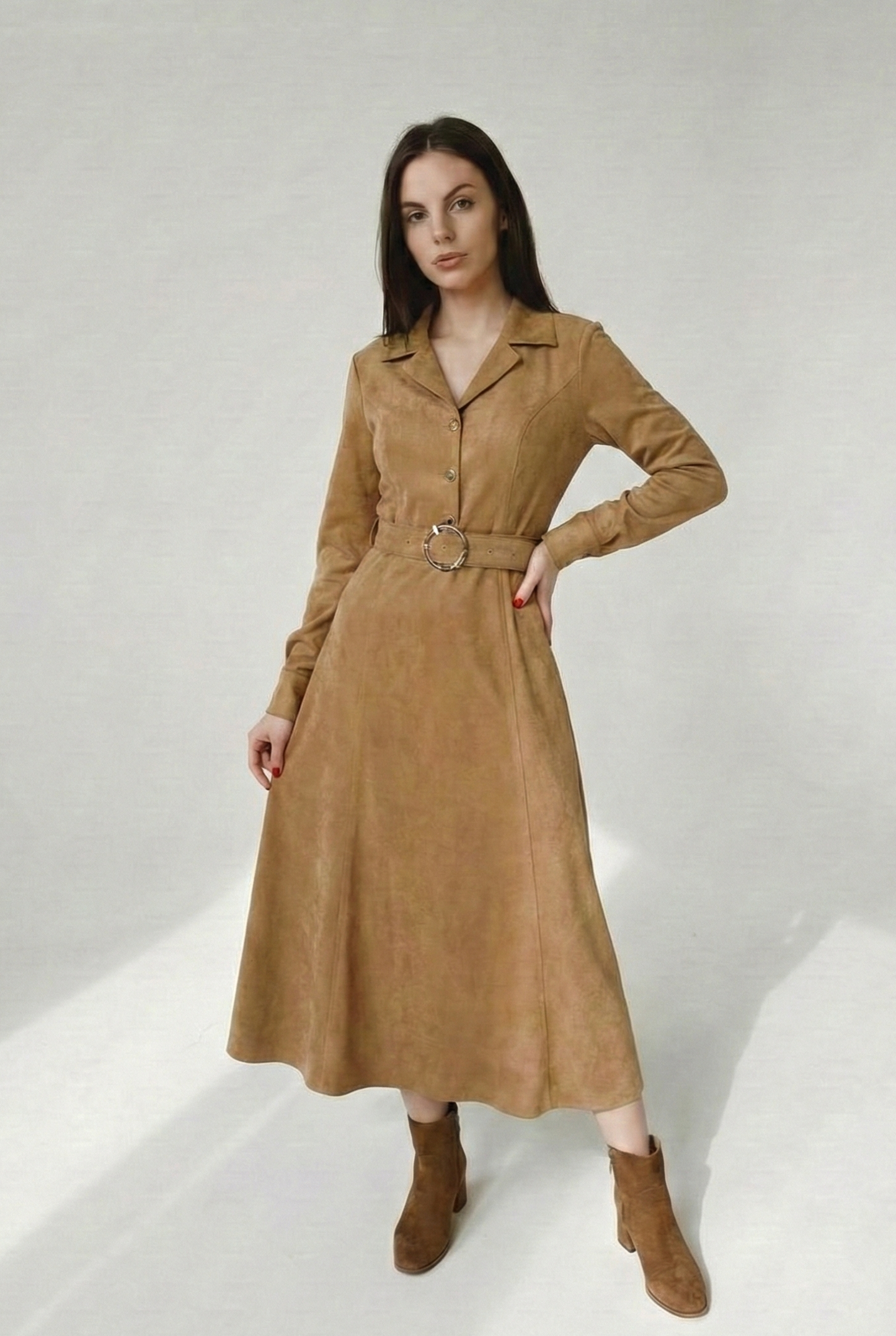 Kemerli Süet Midi Elbise