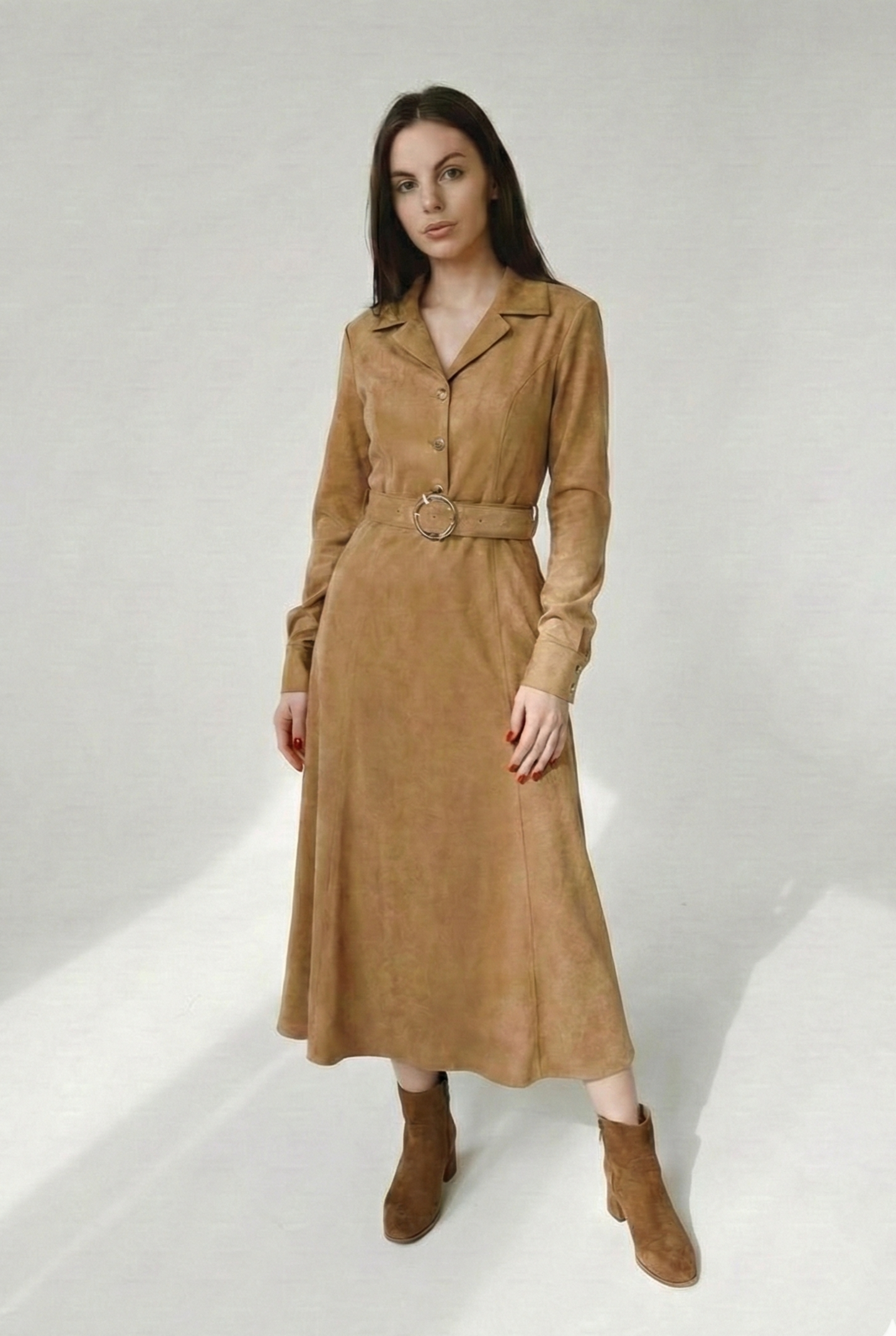 Kemerli Süet Midi Elbise