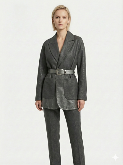 Kadın Gri Deri Detaylı Kemerli Ceket