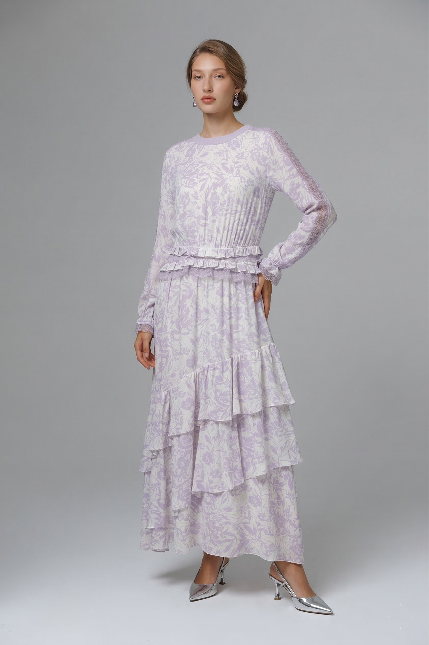 Kadın Desenli Fırfır Detaylı Uzun Elbise