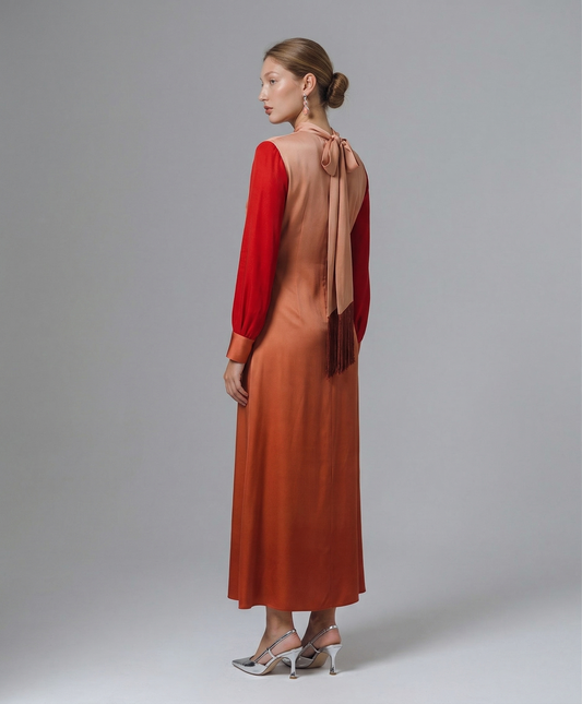 Kadın Yakası Drapeli Arkadan Bağlamalı Uzun Elbise