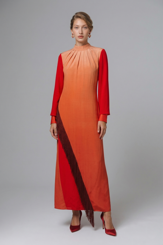 Kadın Yakası Drapeli Arkadan Bağlamalı Uzun Elbise