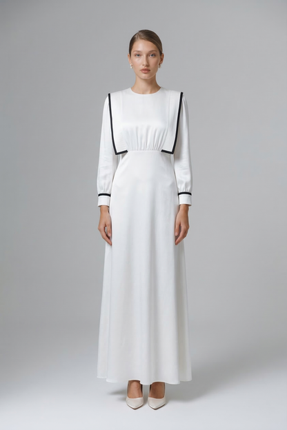 Kadın Büzgü Detaylı Şeritli Uzun Elbise