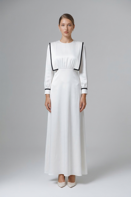 Kadın Büzgü Detaylı Şeritli Uzun Elbise