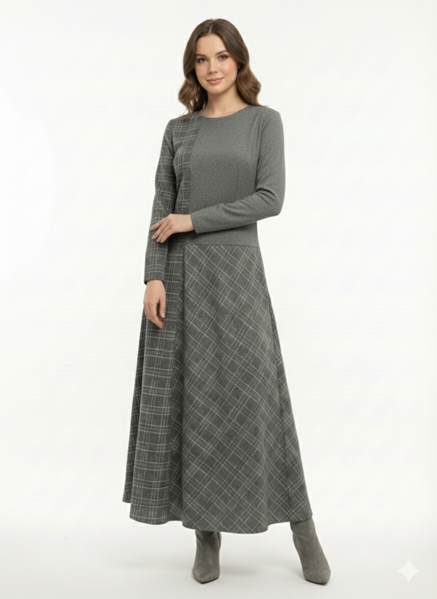 Gri Sim Detaylı Desenli Elbise