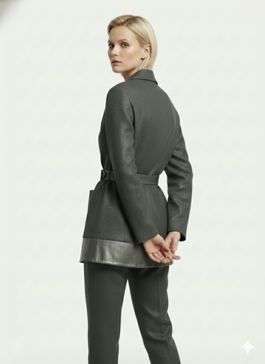 Gri Deri Detaylı Kemerli Ceket