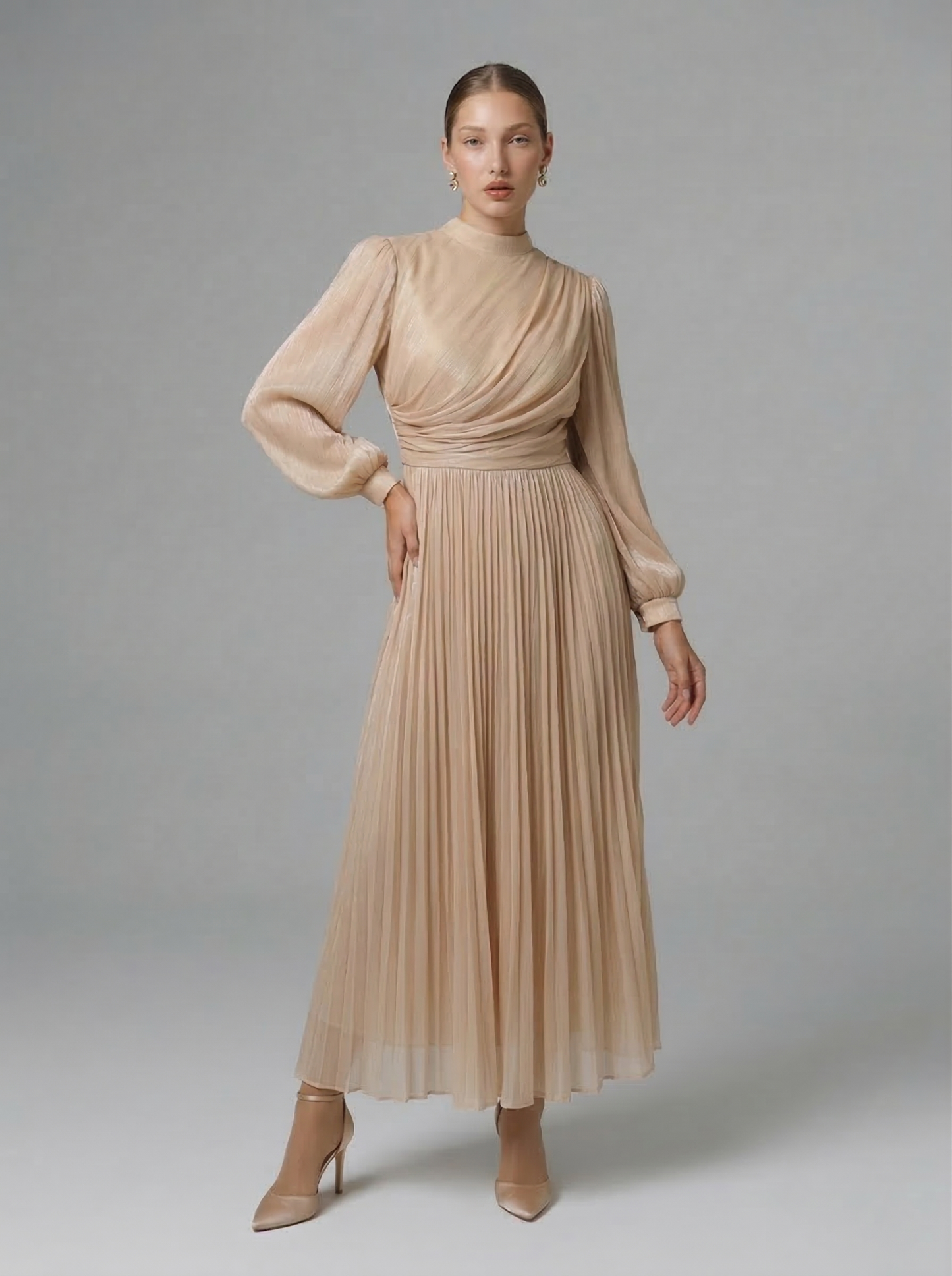 Kadın Drape Detaylı Uzun Şifon Elbise