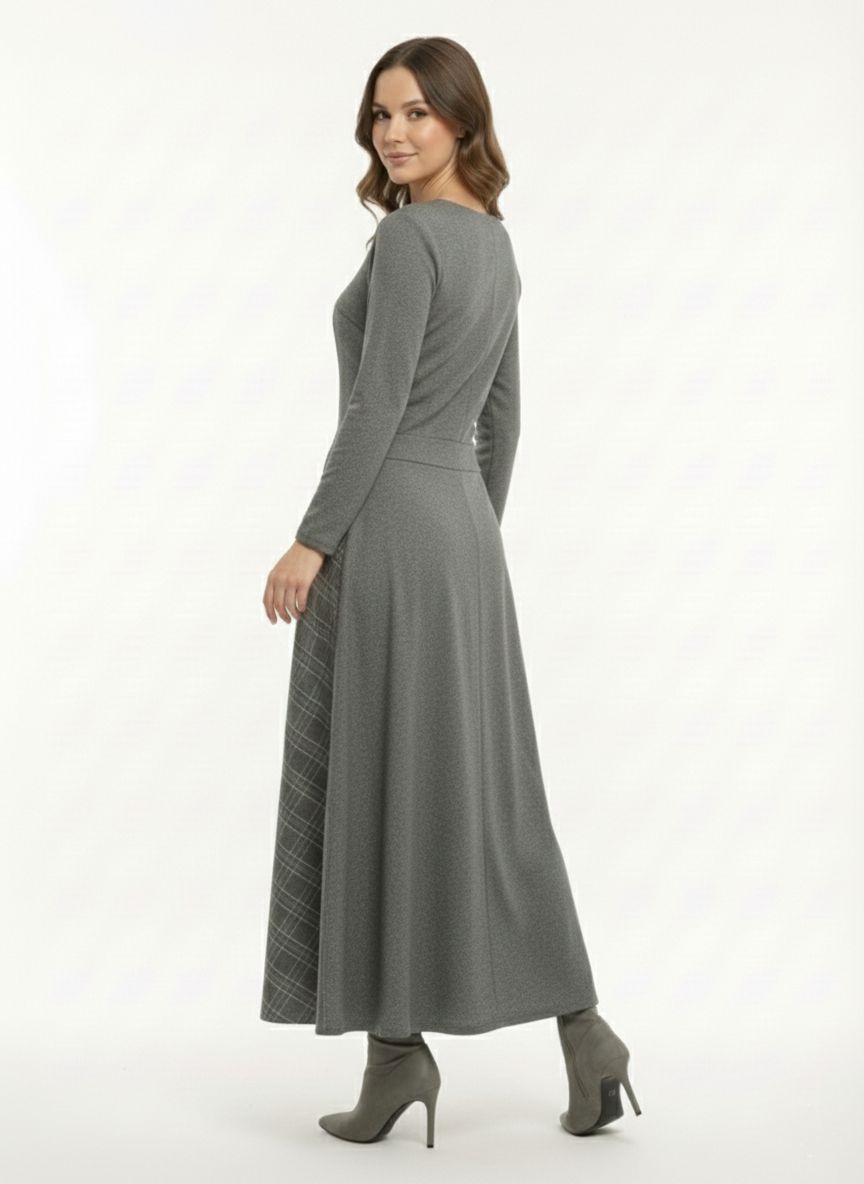 Gri Sim Detaylı Desenli Elbise