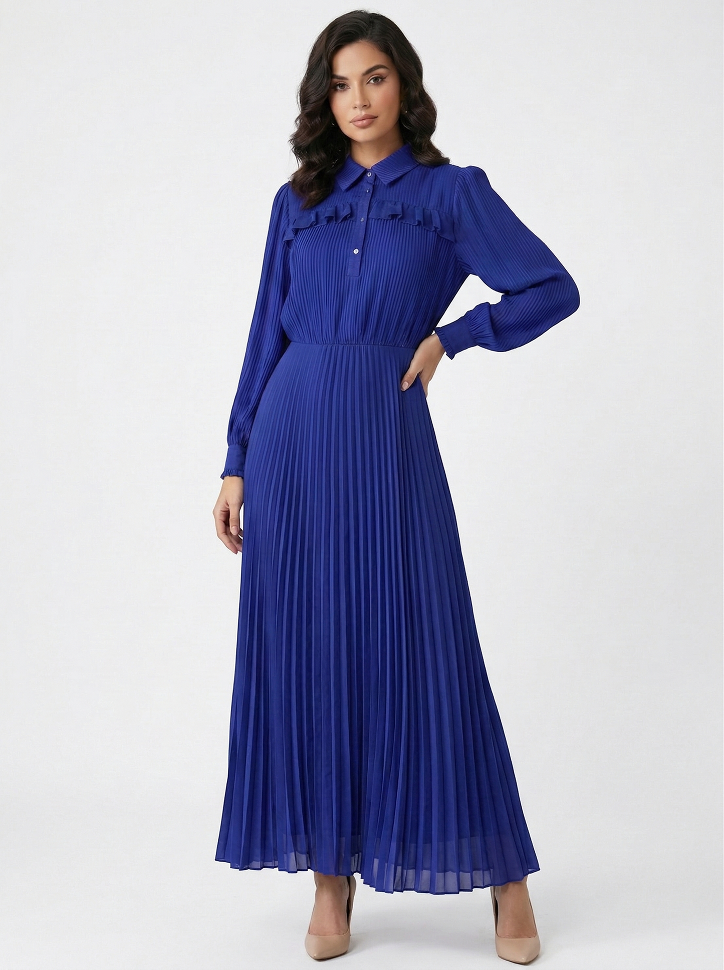 Kadın Yakası Fırfır Detaylı Uzun Şifon Elbise