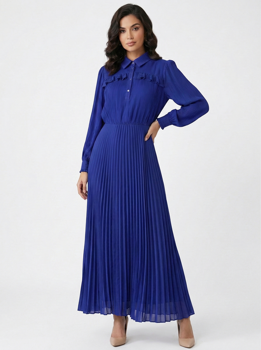 Kadın Yakası Fırfır Detaylı Uzun Şifon Elbise