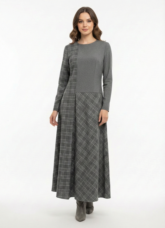 Gri Sim Detaylı Desenli Elbise