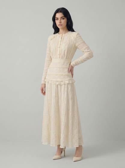 Kadın Düğme Detaylı Fırfırlı Uzun Elbise