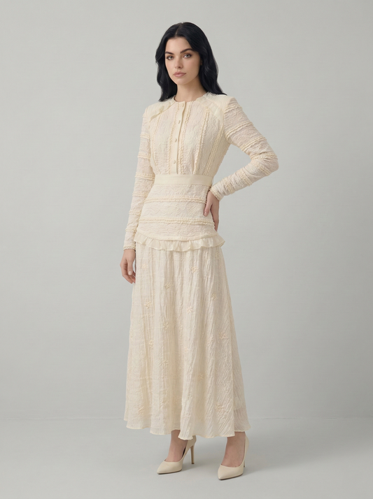 Kadın Düğme Detaylı Fırfırlı Uzun Elbise