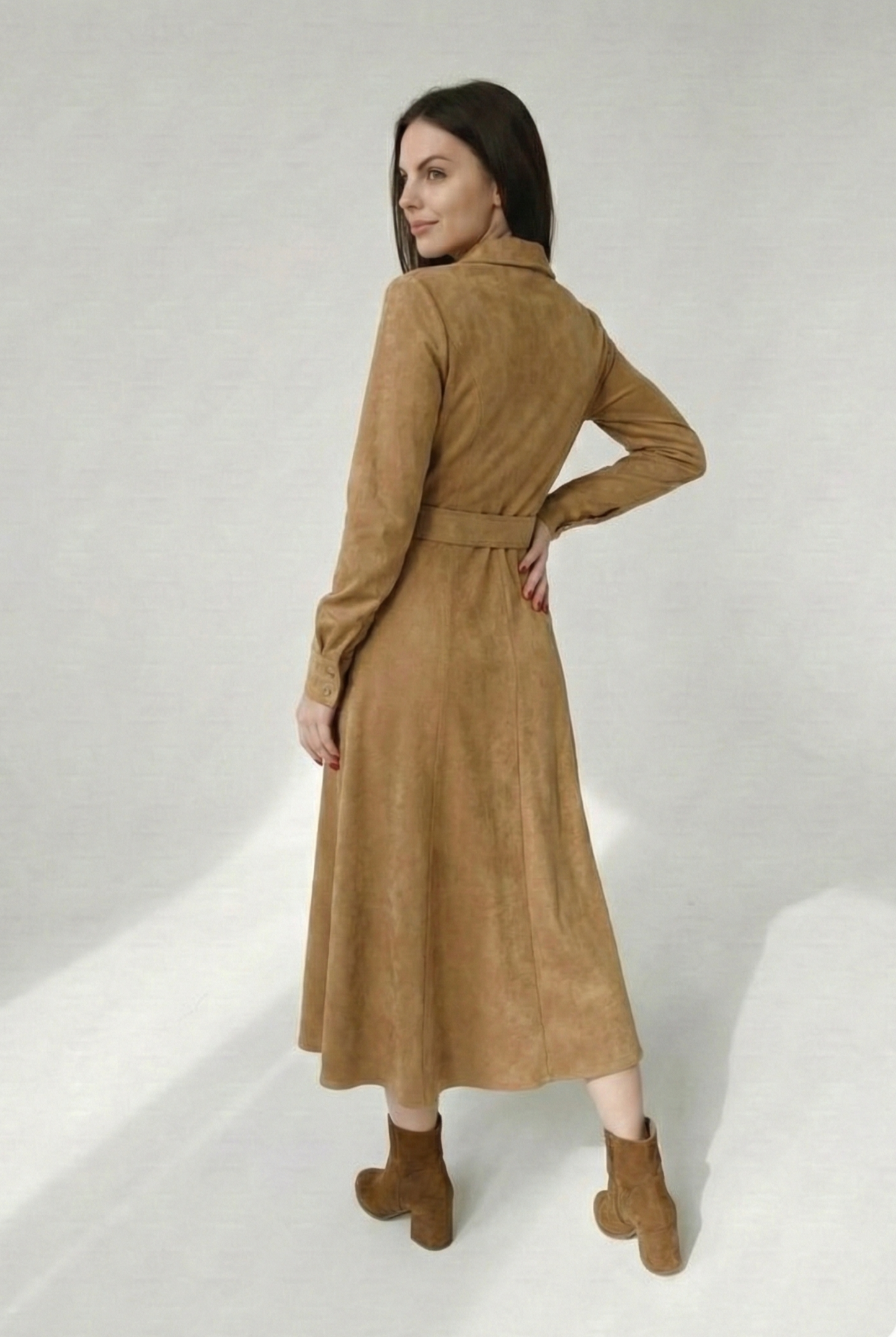 Kemerli Süet Midi Elbise