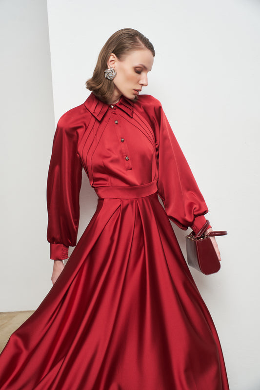 Kadın Pili Detaylı Gömlek Yaka Uzun Elbise