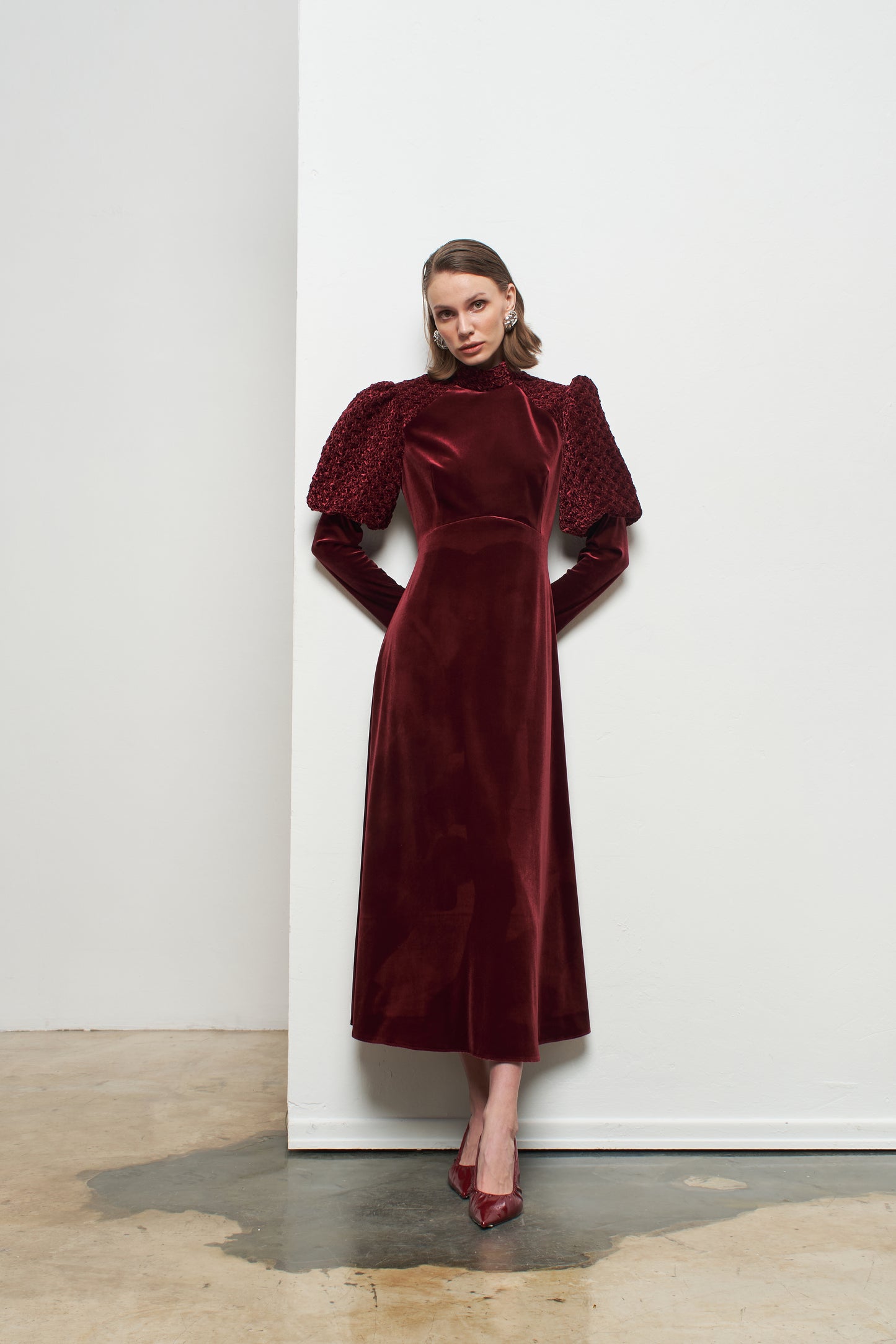 Kadın Balon Kollu Uzun Kadife Elbise