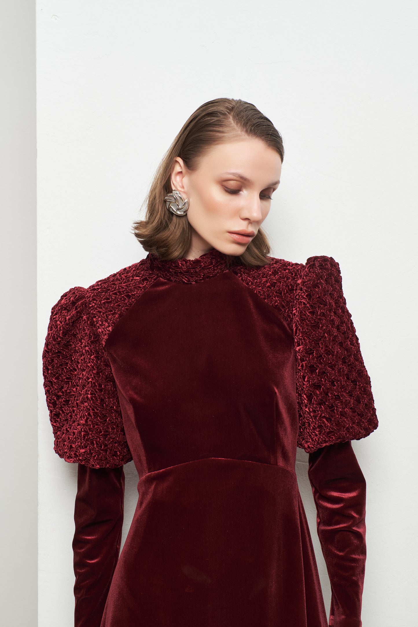 Kadın Balon Kollu Uzun Kadife Elbise